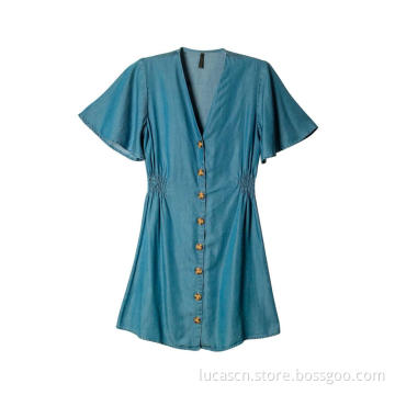 Women's Casual V Neck Short Sleeve Button Down Denim Short Dress